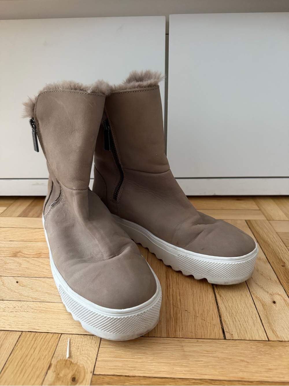 J/Slides Women’s Taupe Faux-Fur Lined Platform Ankle Boots